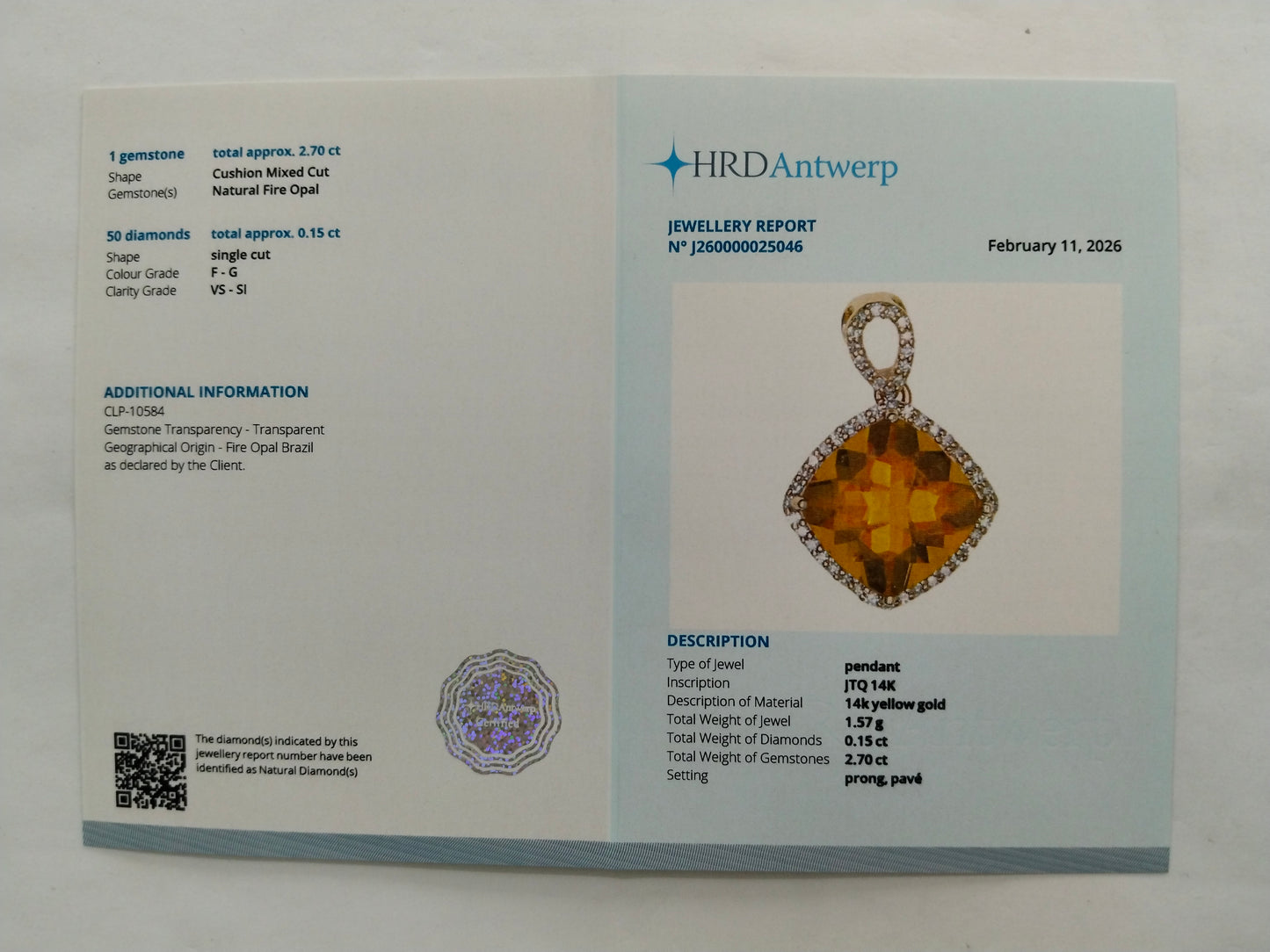 2.85 Ct Cushion Mixed Cut Natural Fire Opal 14K Gold Pendant