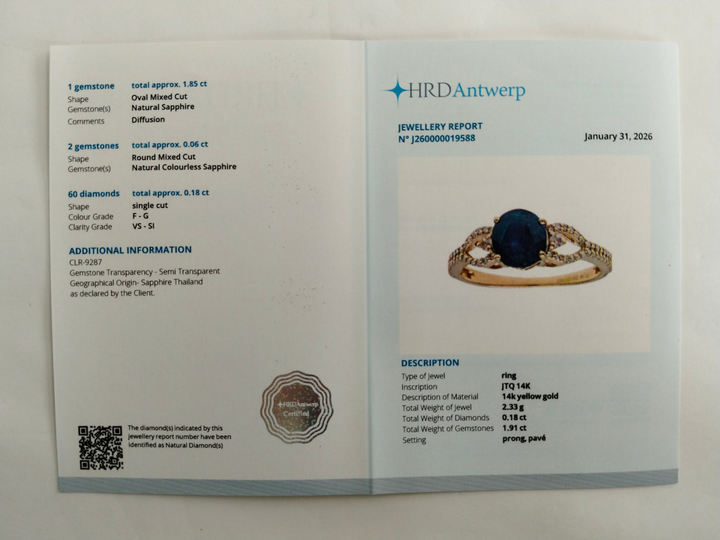 2.09 Ct Oval Mixed Cut Natural Sapphire 14K Gold Ring