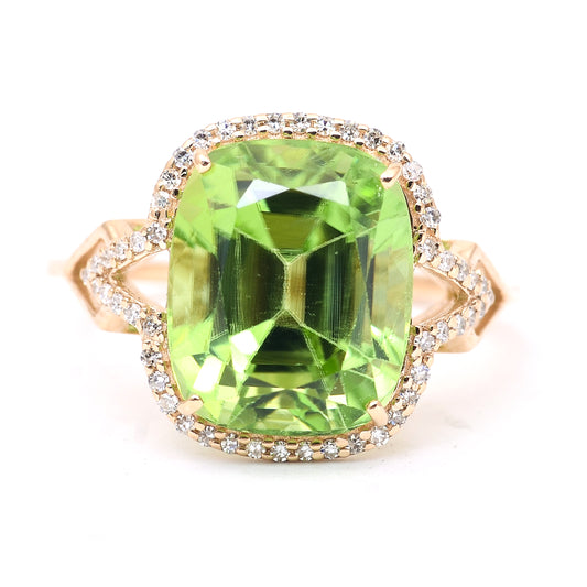7.91 Ct Cushion Mixed Cut Natural Peridot 14K Gold Ring