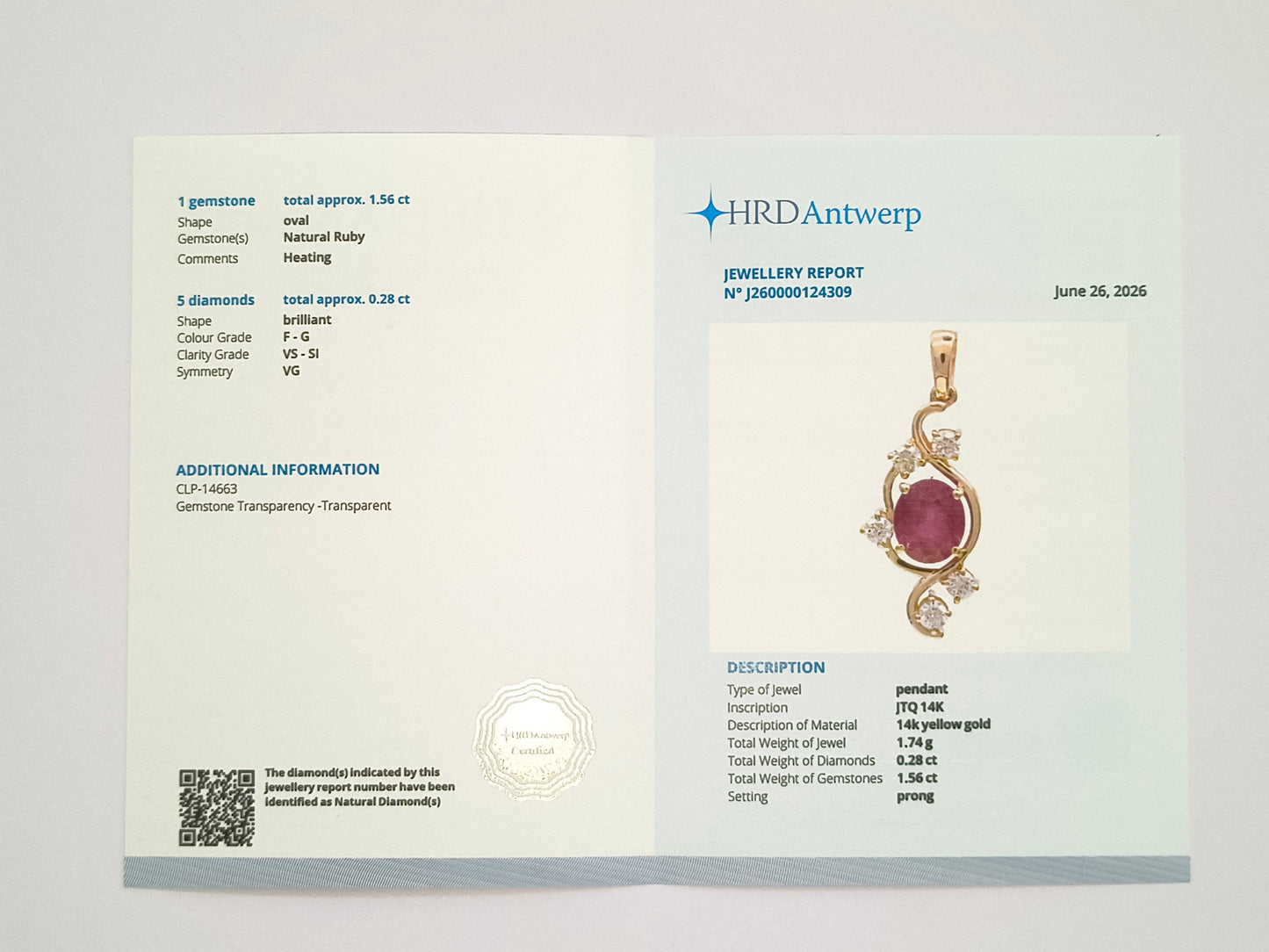 1.84 Ct Oval Natural Ruby 14K Gold Pendant