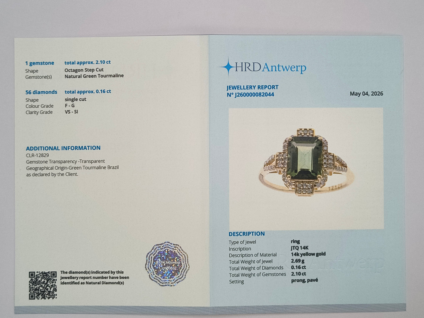 2.26 Ct Octagon Step Cut Natural Green Tourmaline 14K Gold Ring