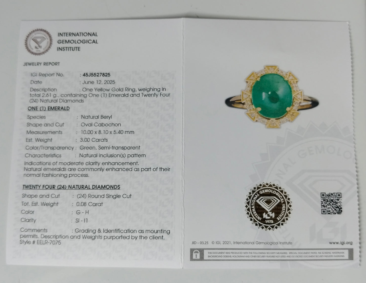 3.08 Ct Oval Cabochon Natural Beryl Emerald 14K Gold Ring