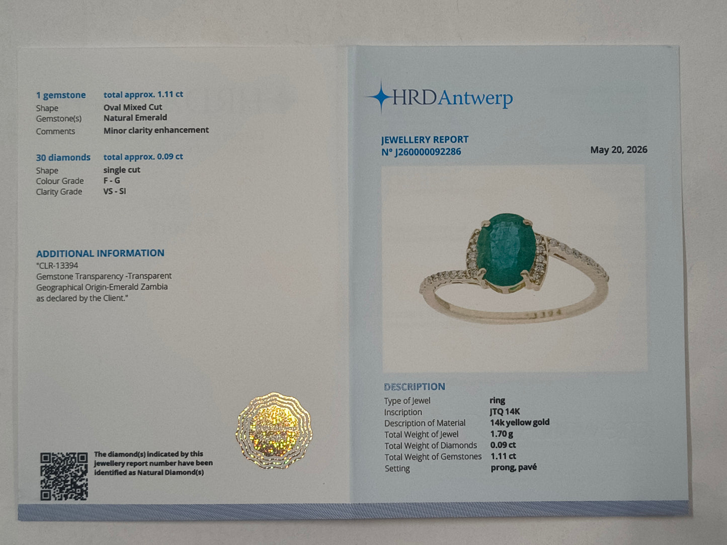 1.20 Ct Oval Emerald 14K Gold Ring