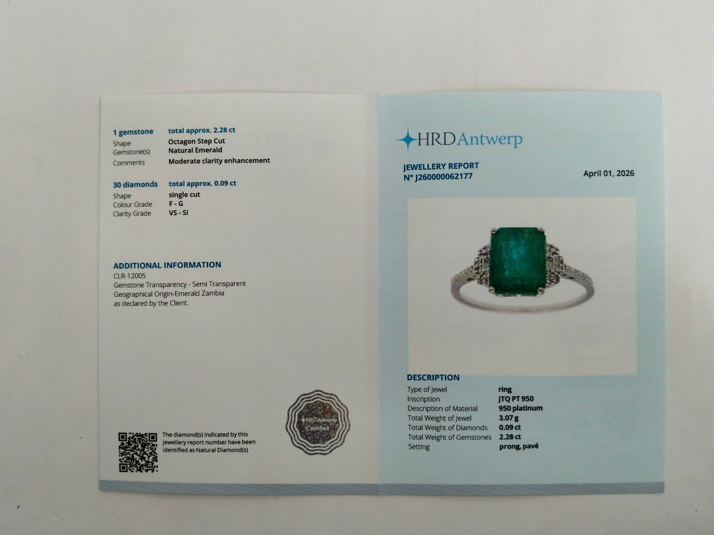 2.37 Ct Octagon Step Cut Natural Emerald 950 Platinum Ring
