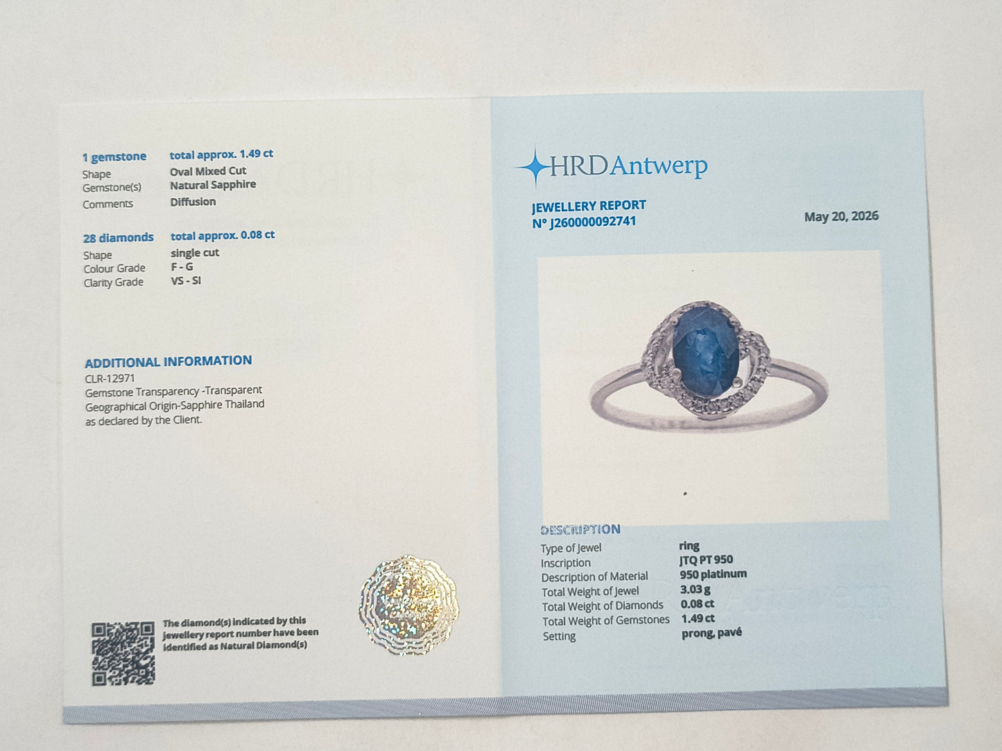 1.57 Ct Oval Sapphire 950 Platinum Ring