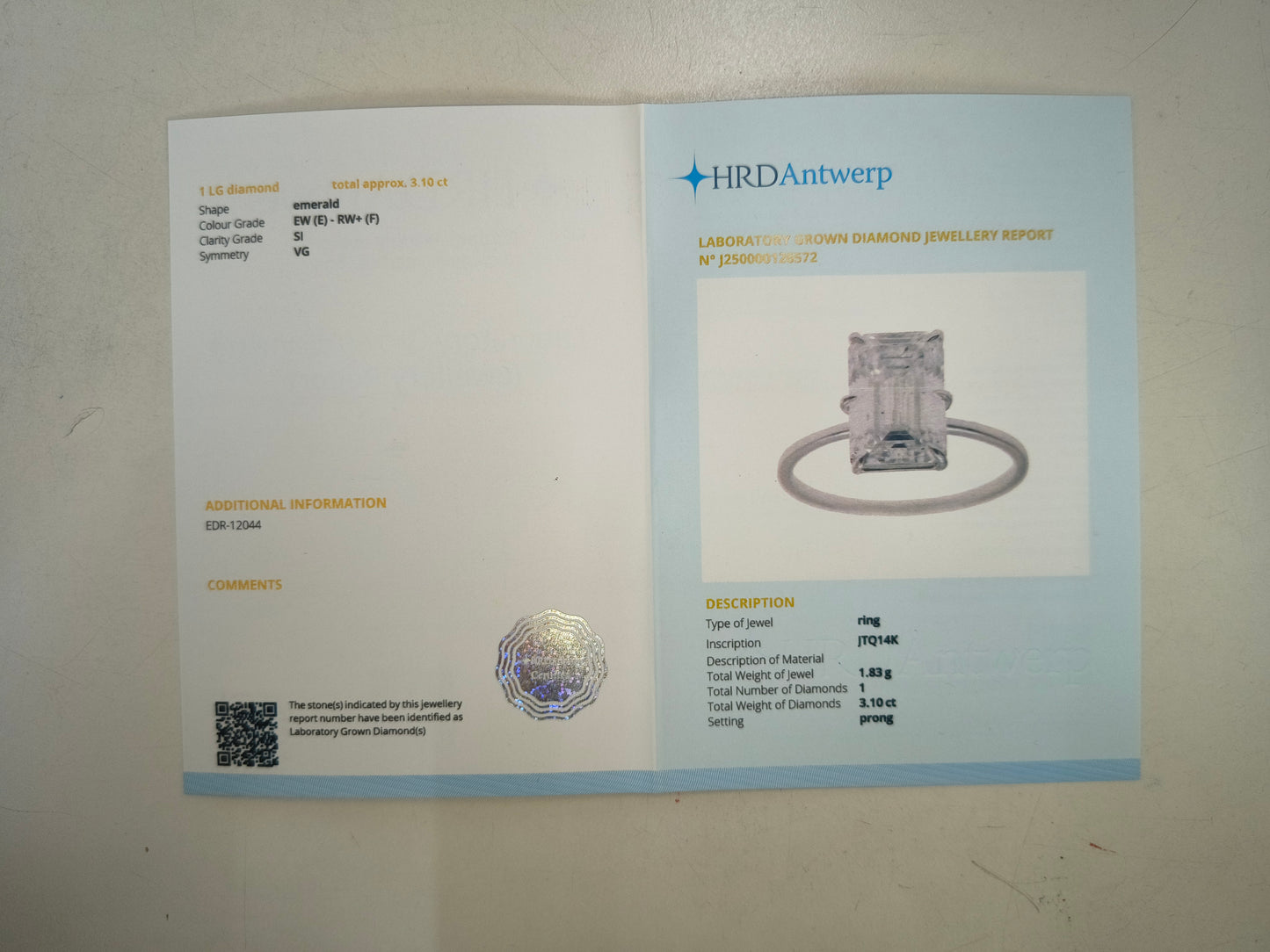 3.10 Carats Lab Grown Diamond 14K Gold Ring