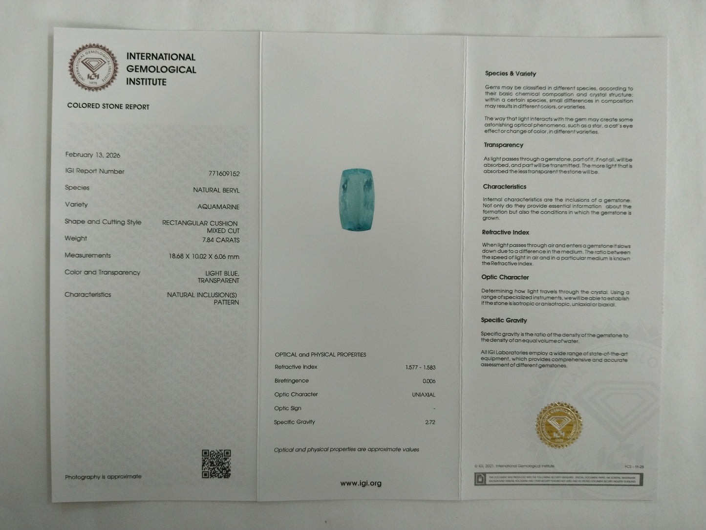 7.84 Natural Beryl Aquamarine Rectangular Cushion Mixed Cut Gemstone