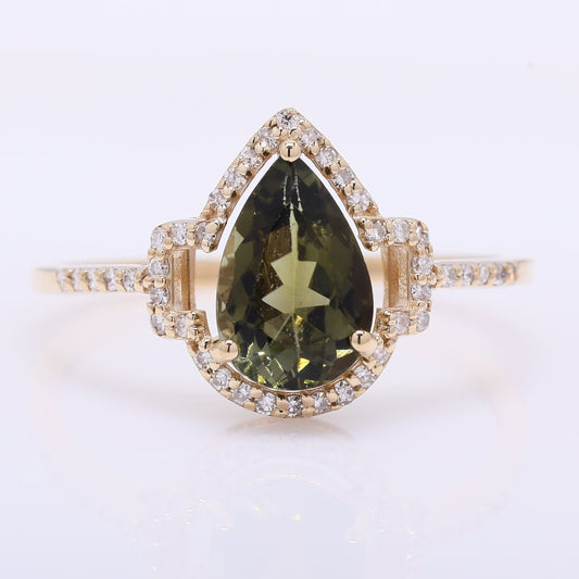 1.33 Ct Pear Mixed Cut Natural Green Tourmaline 14K Gold Ring