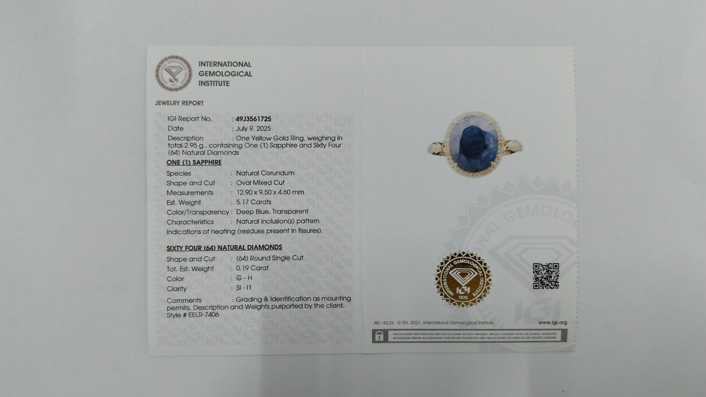 5.36 Ct Oval Mixed Cut Natural Corundum Sapphire 14K Gold Ring
