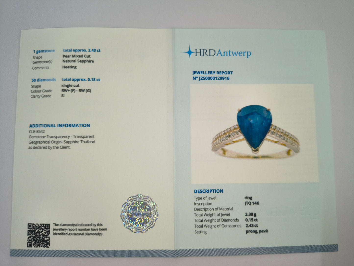 2.58 Ct Pear Natural Sapphire 14K Gold Ring
