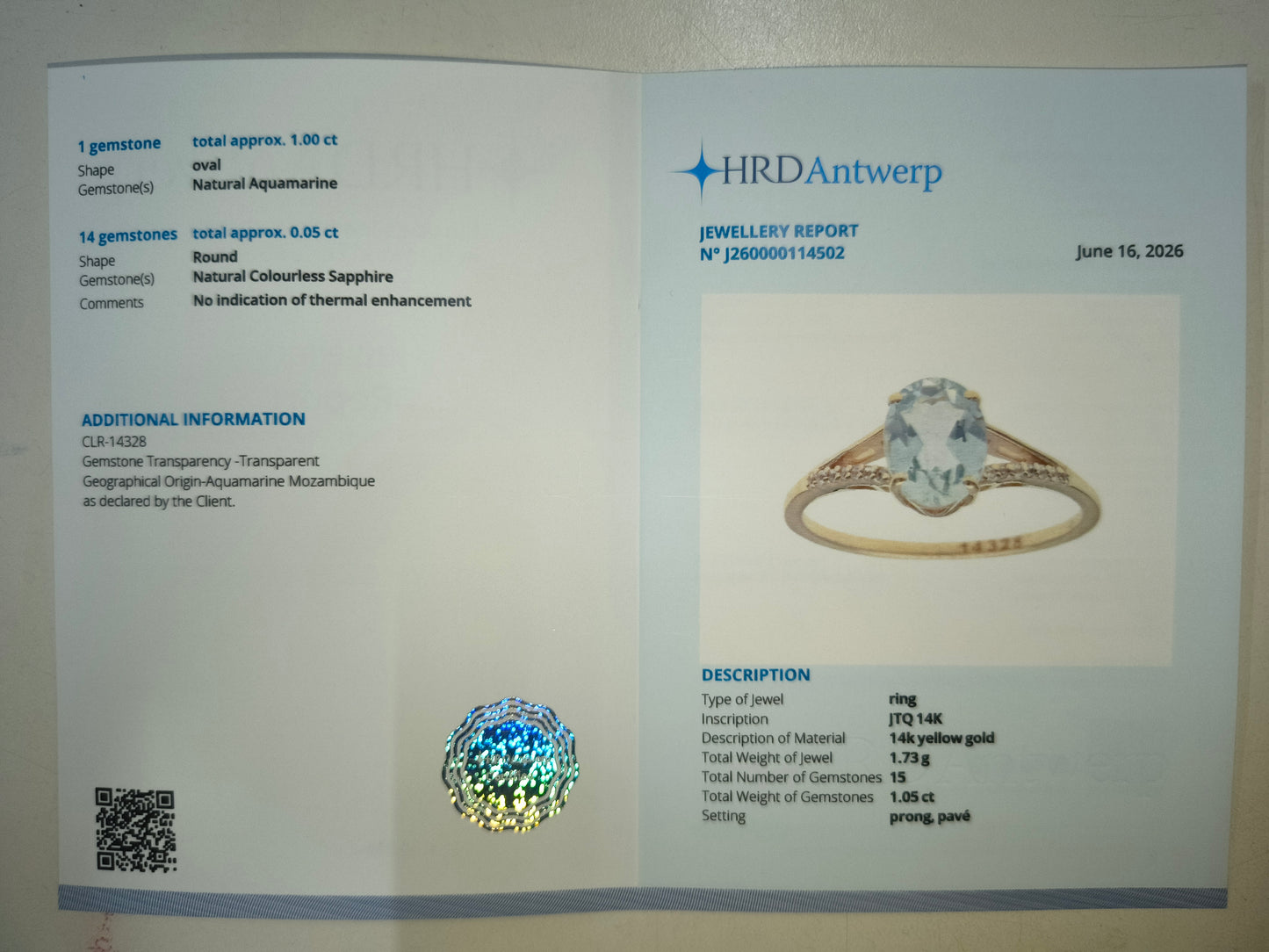 1.05 Ct Oval Natural Aquamarine 14K Gold Ring