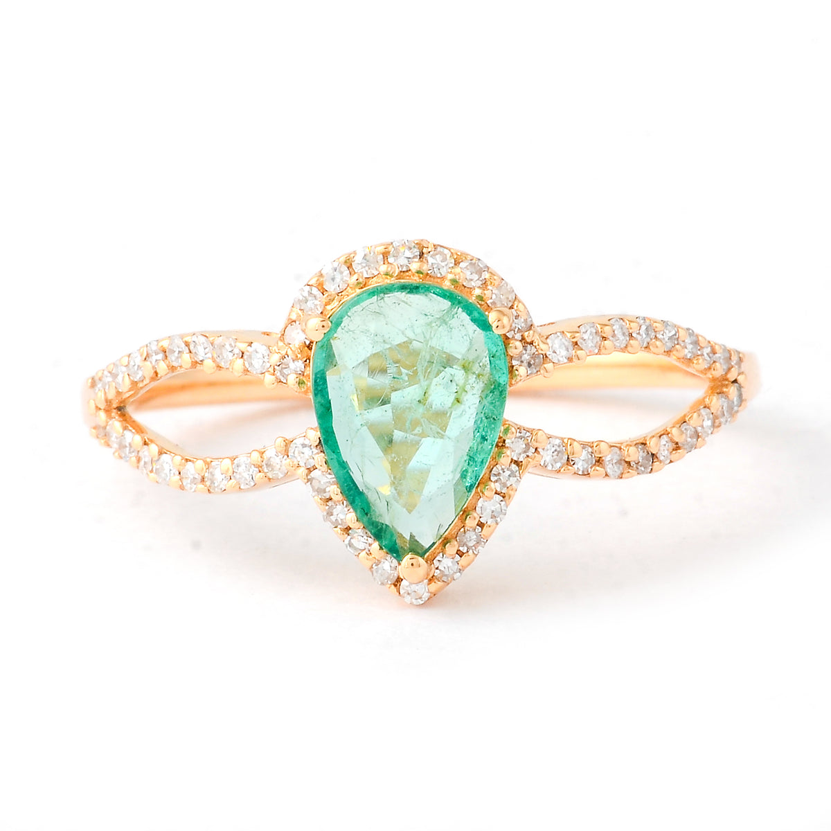 0.79 Ct Pear Mixed Cut Natural Emerald 14K Gold Ring
