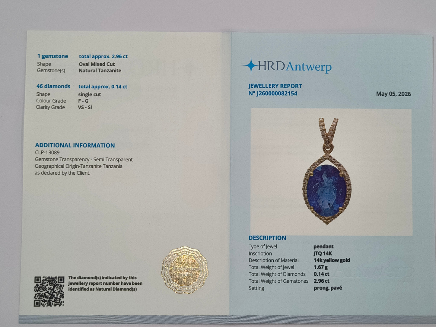 3.10 Ct Oval Mixed Cut Natural Tanzanite 14K Gold Pendant