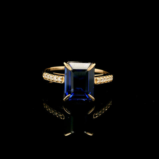3.76 Ct Emerald Cut Lab Grown Sapphire 14K Gold Ring