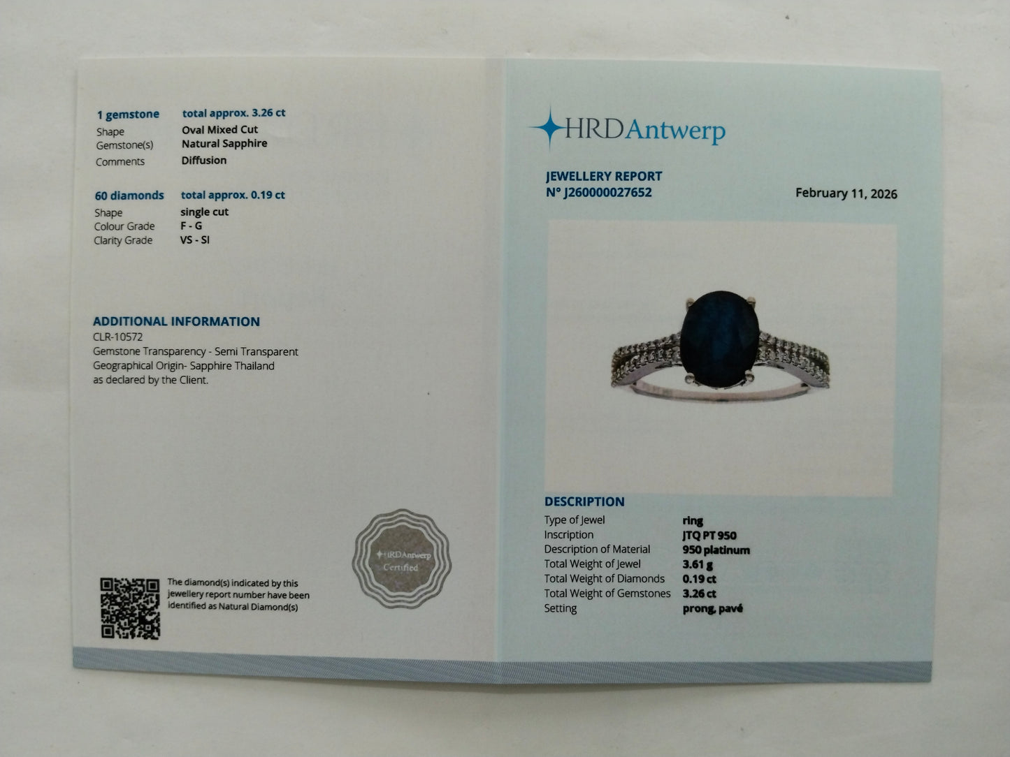 3.45 Ct Oval Mixed Cut Natural Sapphire 950 Platinum Ring