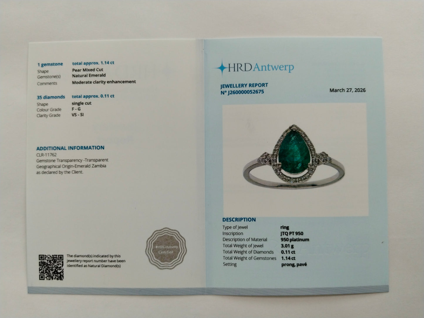 1.25 Ct Pear Mixed Cut Natural Emerald 950 Platinum Ring