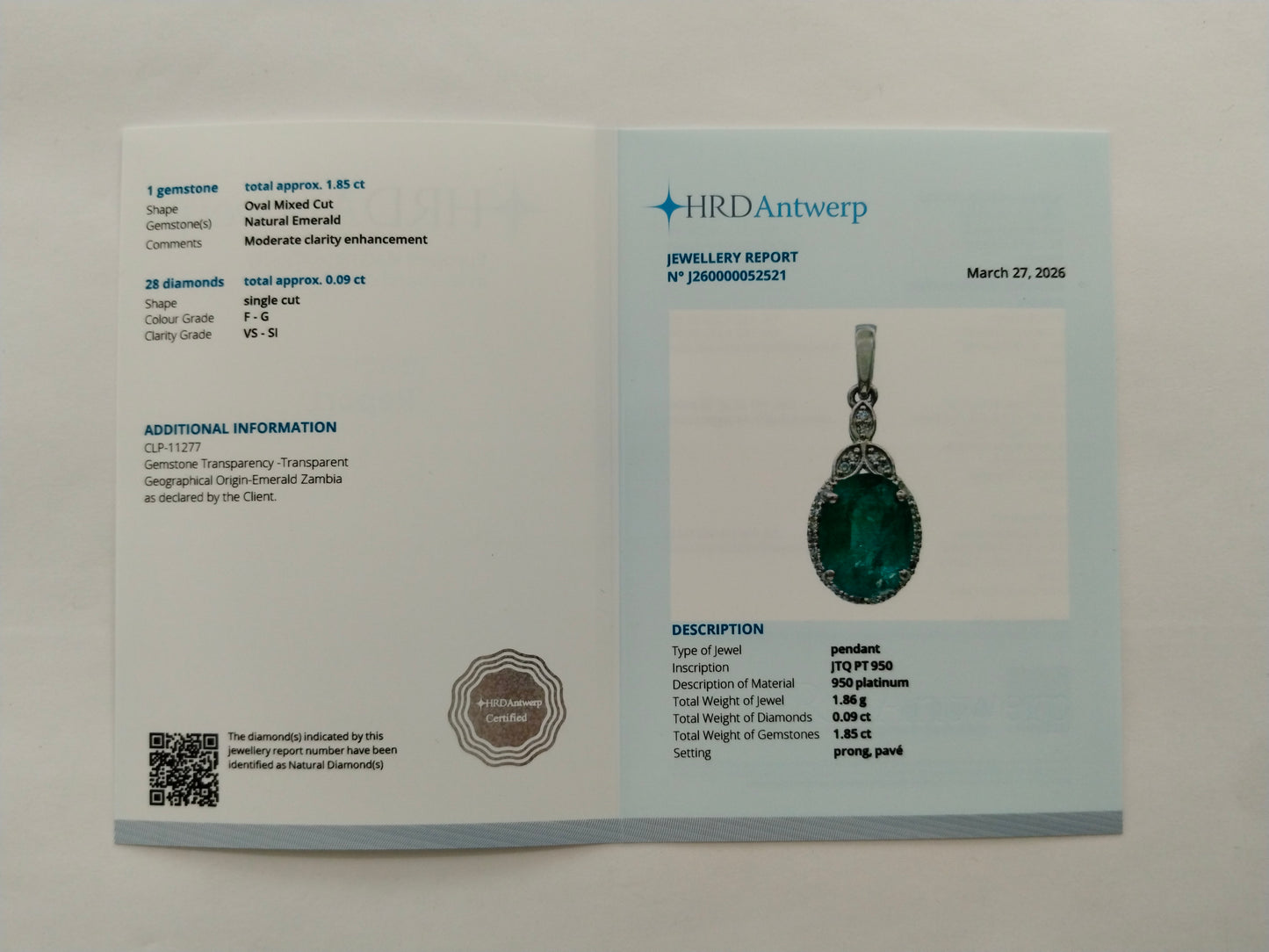1.94 Ct Oval Mixed Cut Natural Emerald 950 Platinum Pendant
