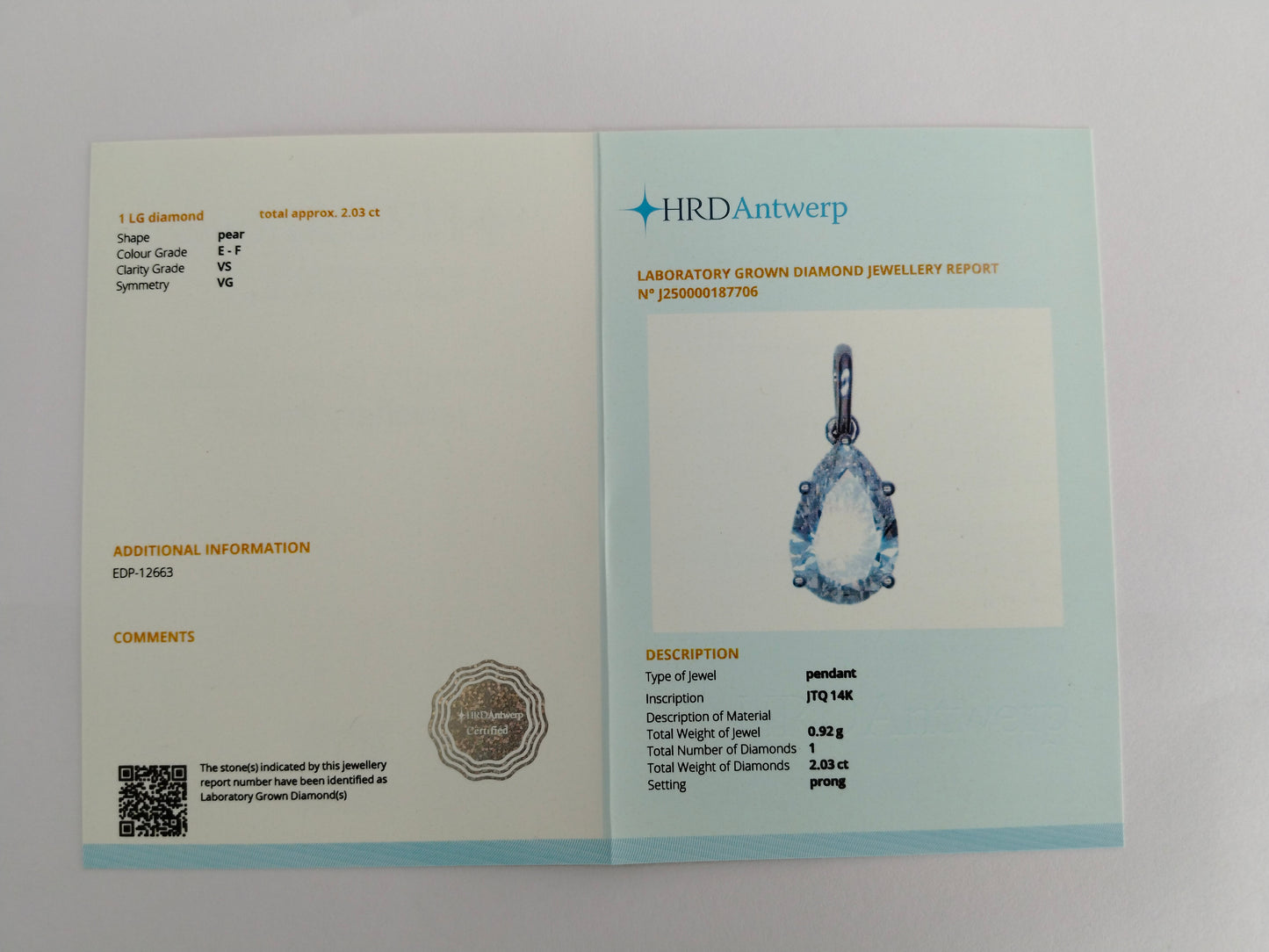 2.03 Carats Lab Grown Diamond 14K Gold Pendant