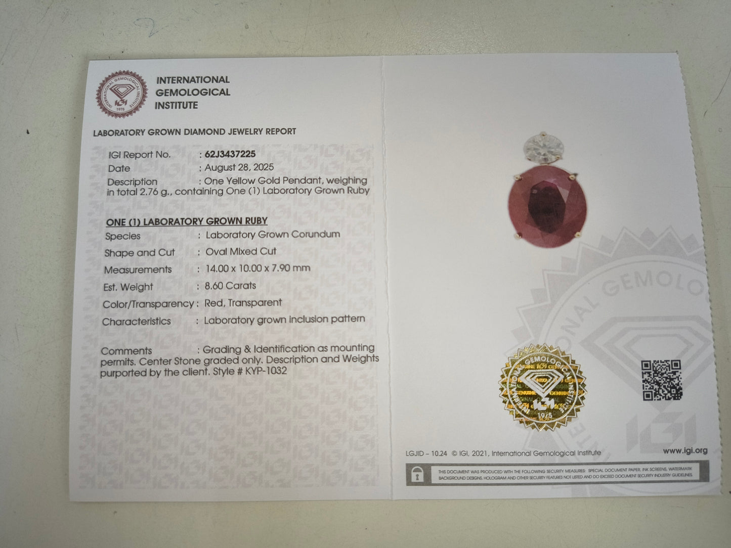 9.04 Ct Oval Mixed Cut Lab Grown Ruby 14K Gold Pendant