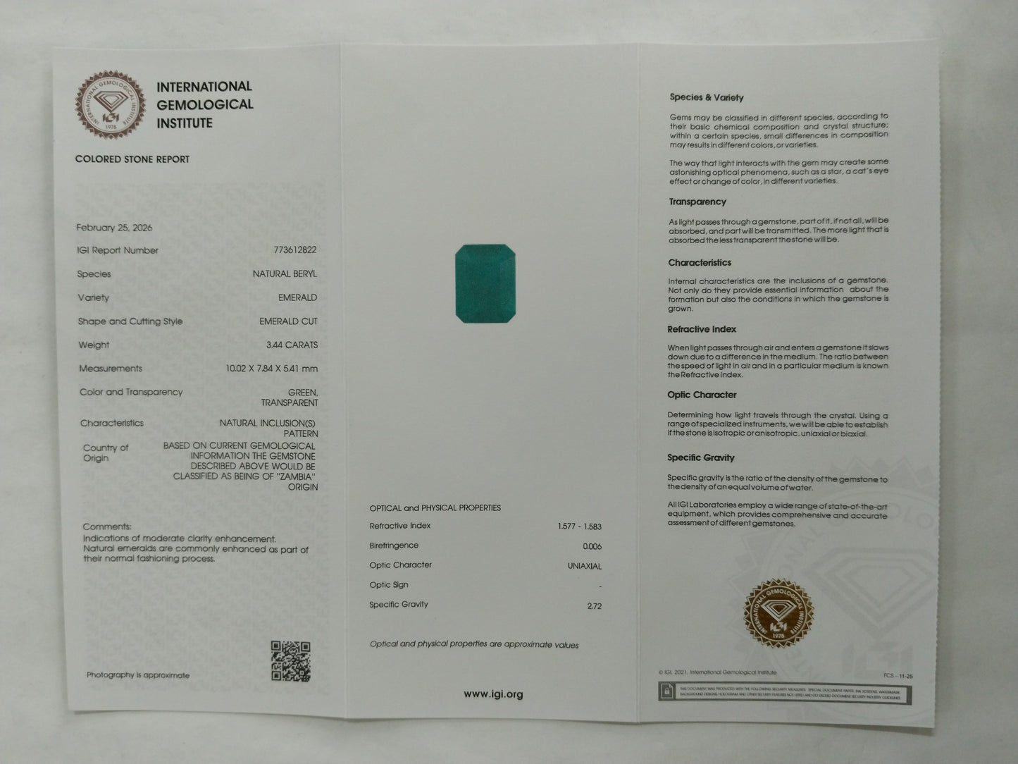 3.44 Natural Beryl Emerald Emerald Cut Gemstone