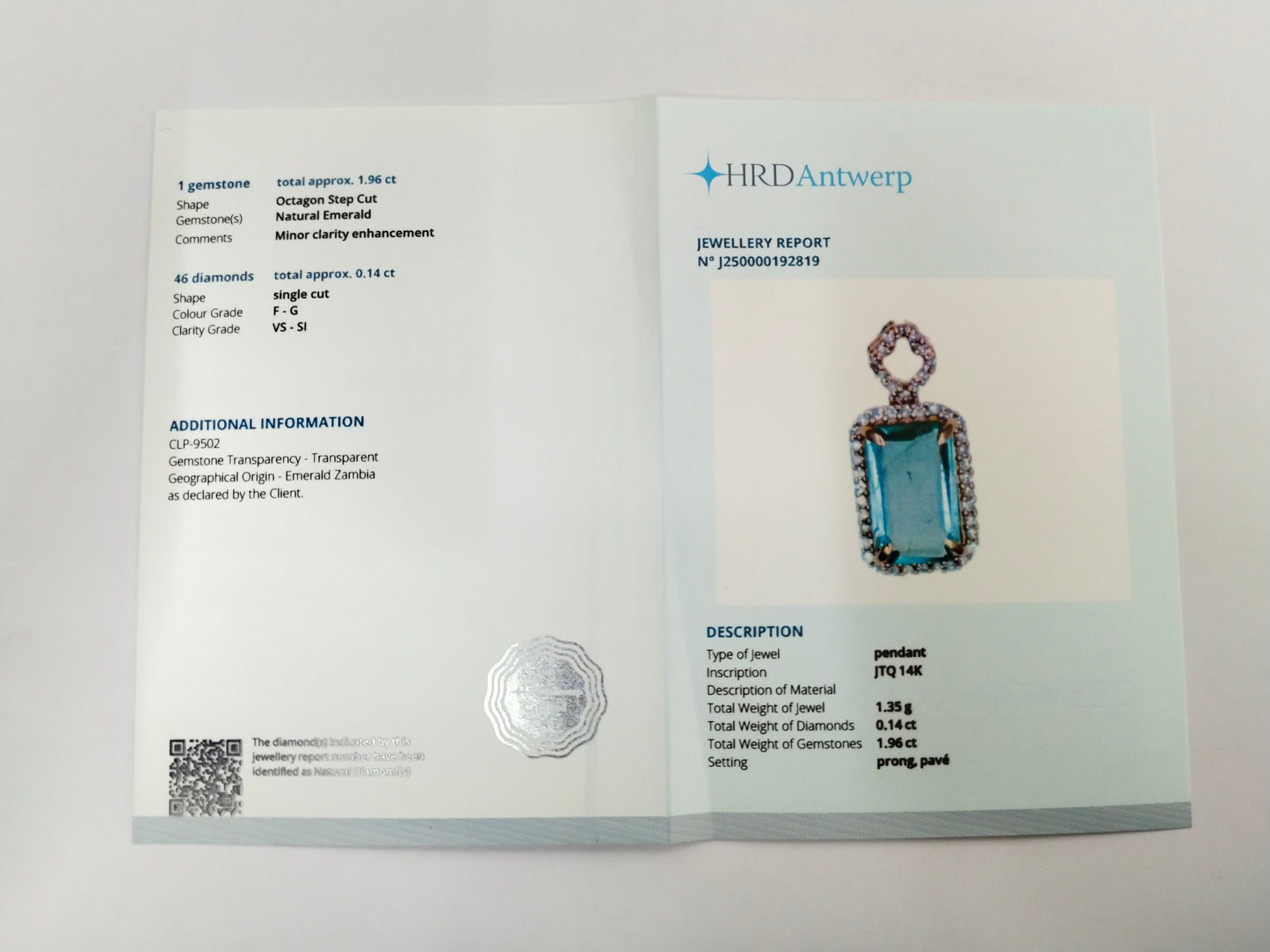 2.10 Ct Octagon Step Cut Natural Emerald 14K Gold Pendant