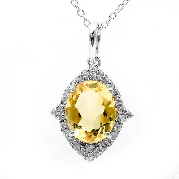 2.63 Ct Oval Citrine, White Zircon 925 Sterling Silver Pendant
