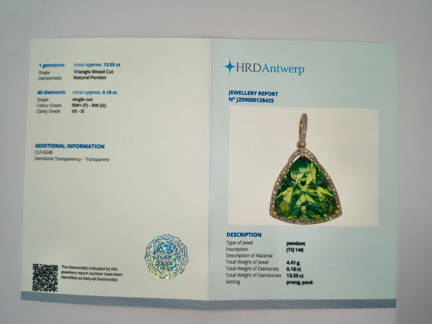 13.73 Ct Trillion Natural Eridot 14K Gold Pendant