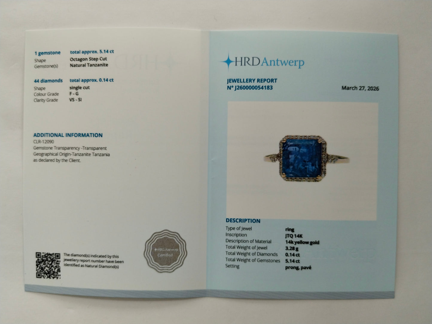 5.28 Ct Octagon Step Cut Natural Tanzanite 14K Gold Ring
