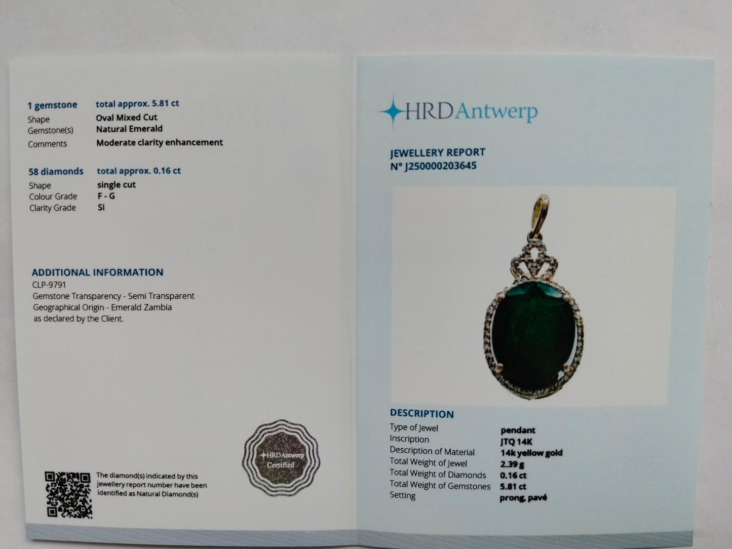 5.97 Ct Oval Mixed Cut Natural Emerald 14K Gold Pendant