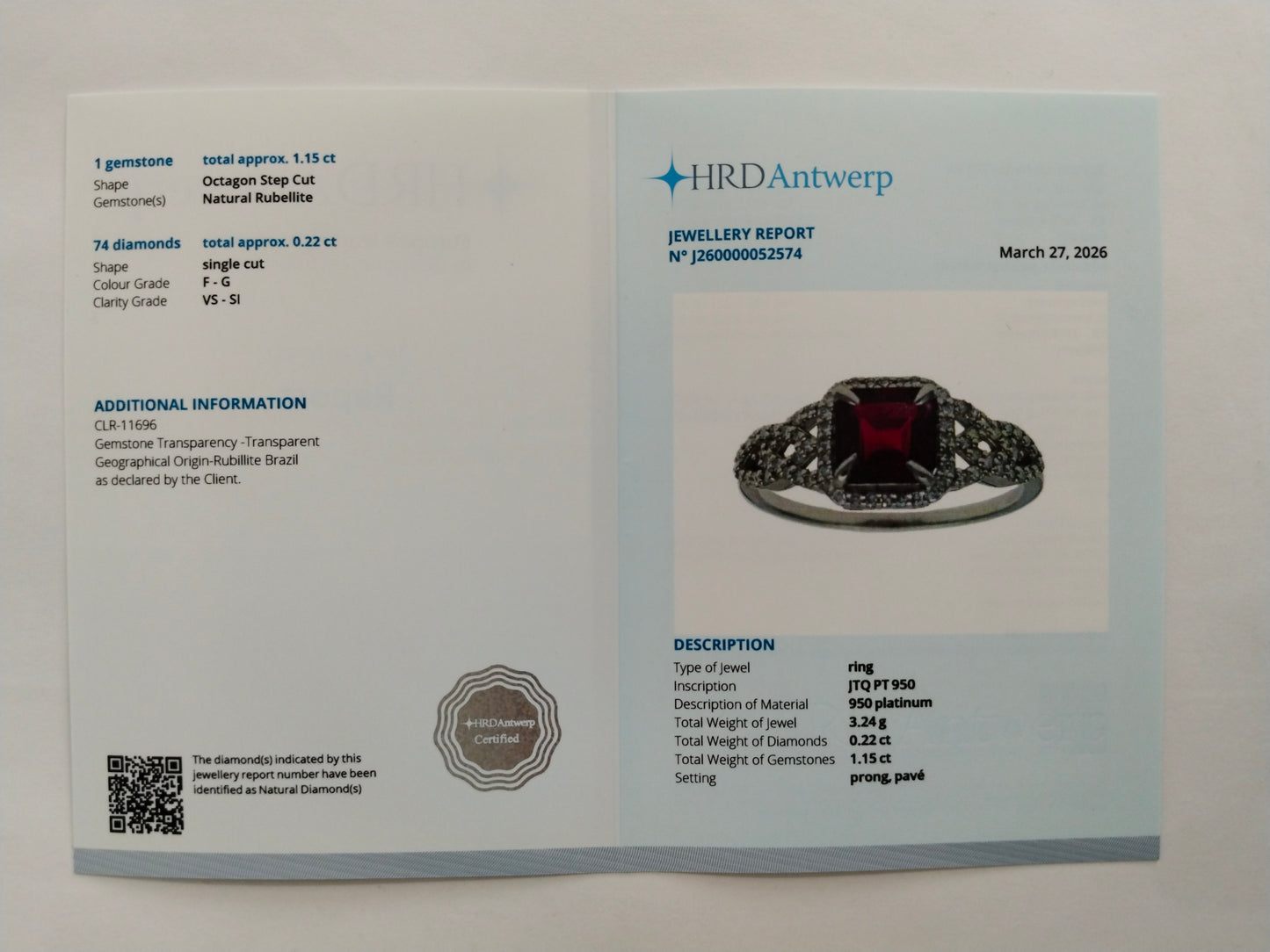 1.37 Ct Octagon Step Cut Natural Rubellite 950 Platinum Ring