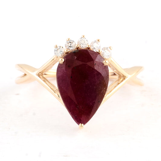 3.36 Ct Pear Ruby 14K Gold Ring
