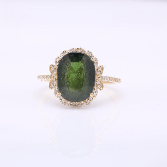 5.58 Ct Oval Mixed Cut Natural Green Sapphire 14K Gold Ring