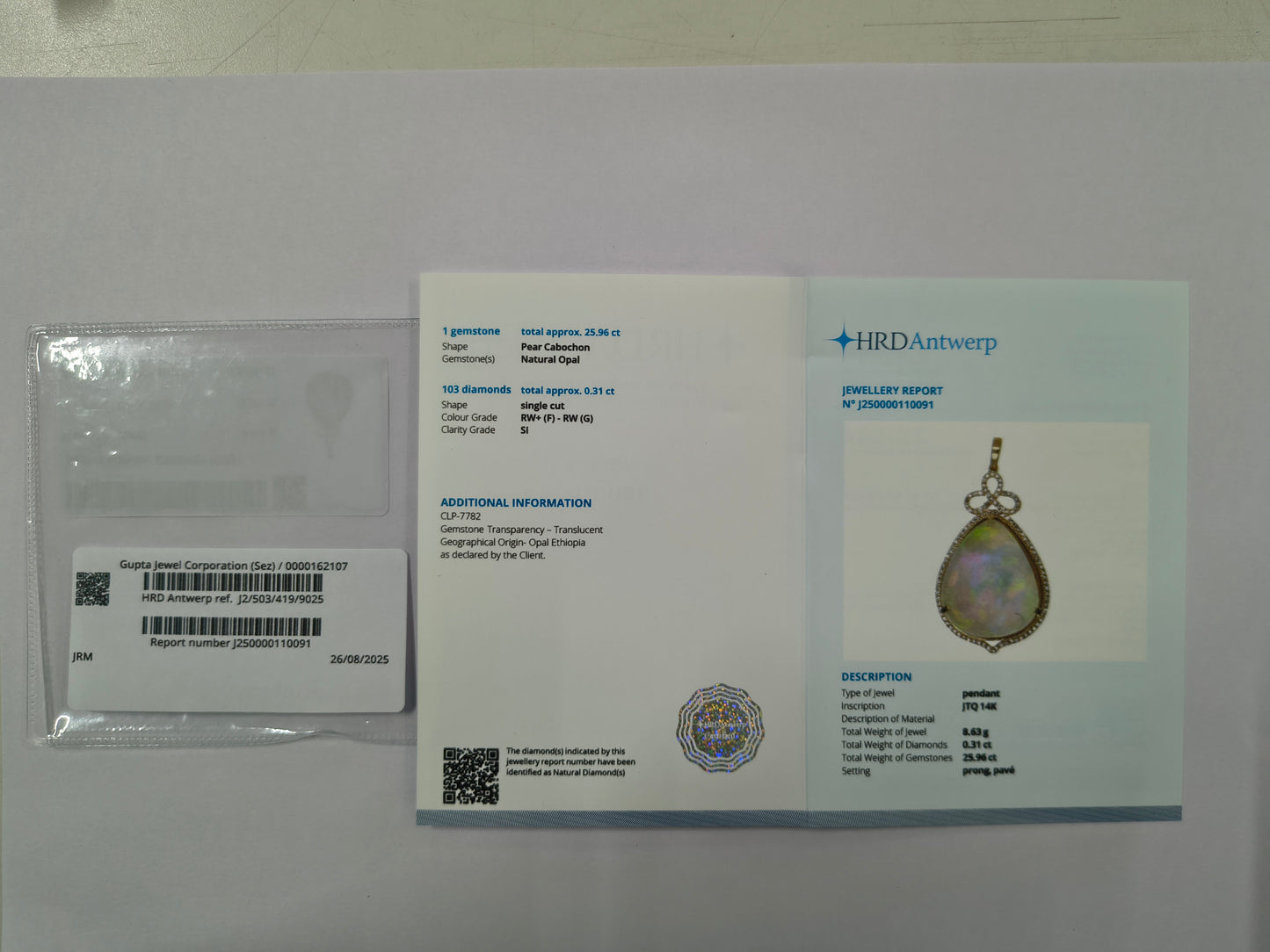 26.27 Ct Pear Cabochon Natural Opal 14K Gold Pendant