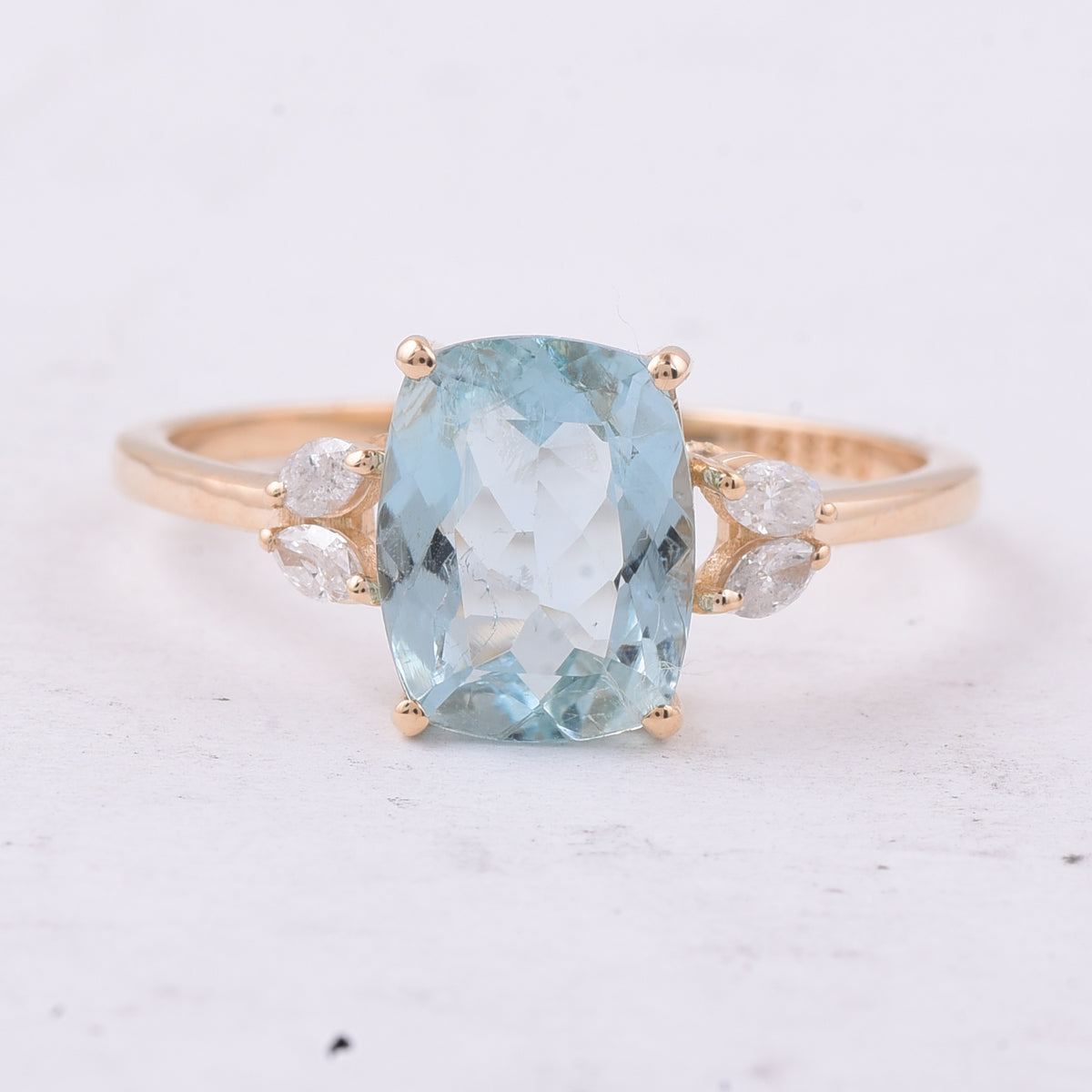 1.78 Ct Cushion Mixed Cut Natural Aquamarine 14K Gold Ring