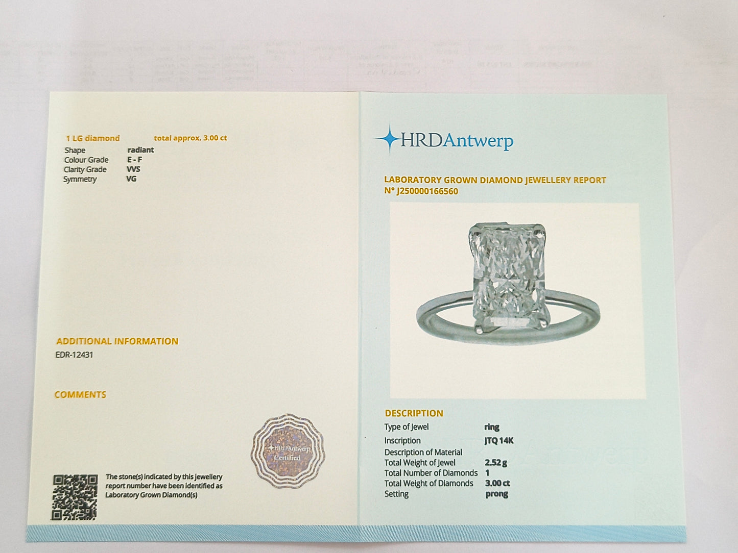 3.00 Carats Lab Grown Diamond 14K Gold Ring