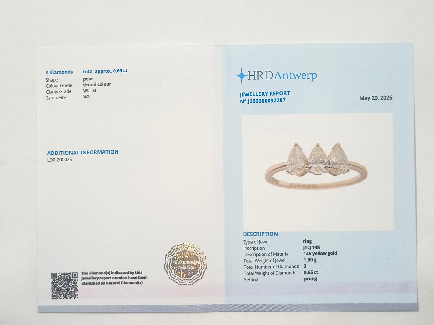 0.65 Ct Pear Diamond 14K Gold Ring