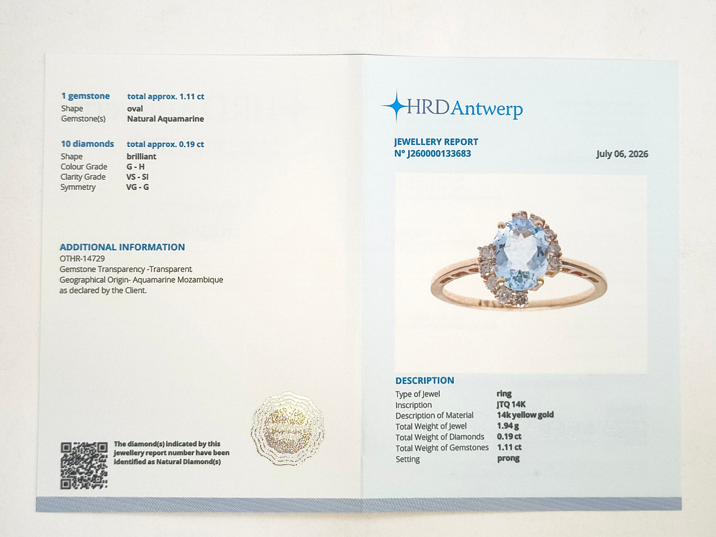 1.30 Ct Oval Natural Aquamarine 14K Gold Ring