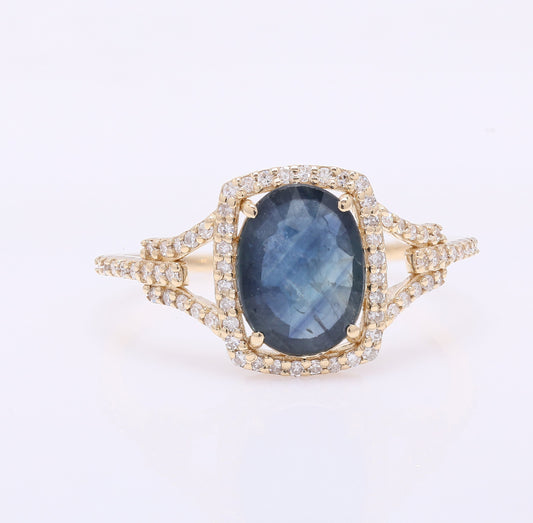 1.96 Ct Cushion Mixed Cut Natural Sapphire 14K Gold Ring
