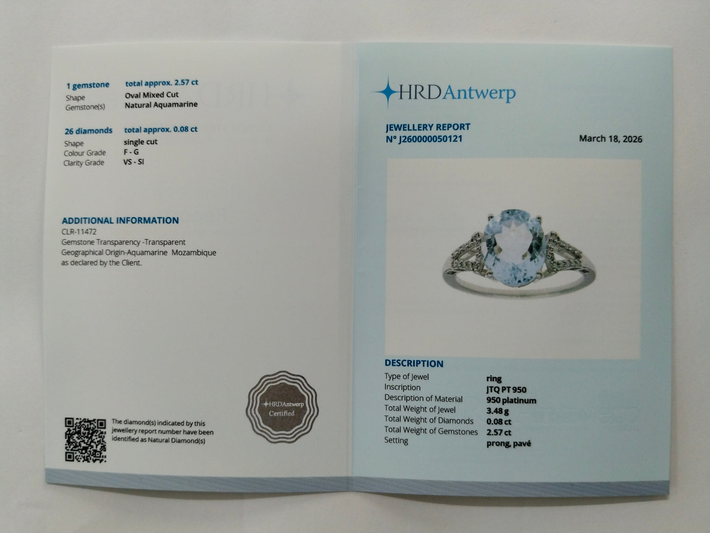 2.65 Ct Oval Mixed Cut Natural Aquamarine 950 Platinum Ring