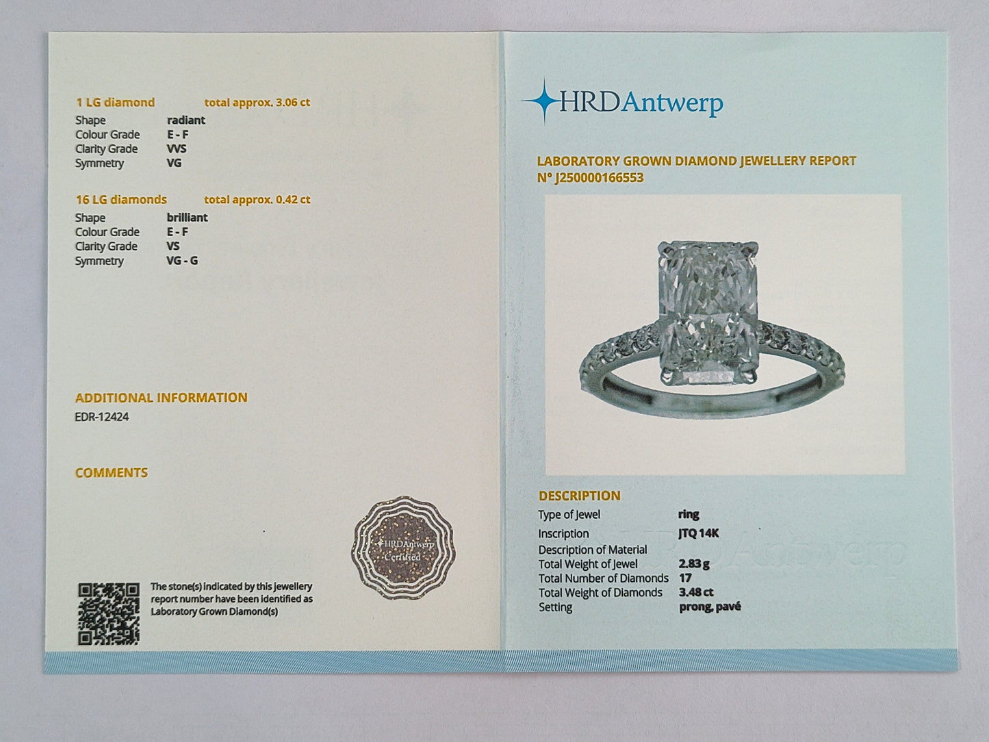 3.48 Carats Lab Grown Diamond 14K Gold Ring