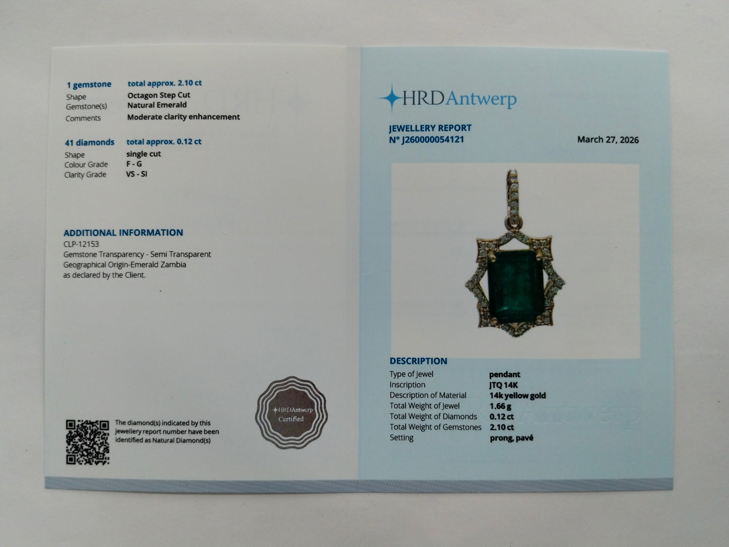 2.22 Ct Octagon Step Cut Natural Emerald 14K Gold Pendant