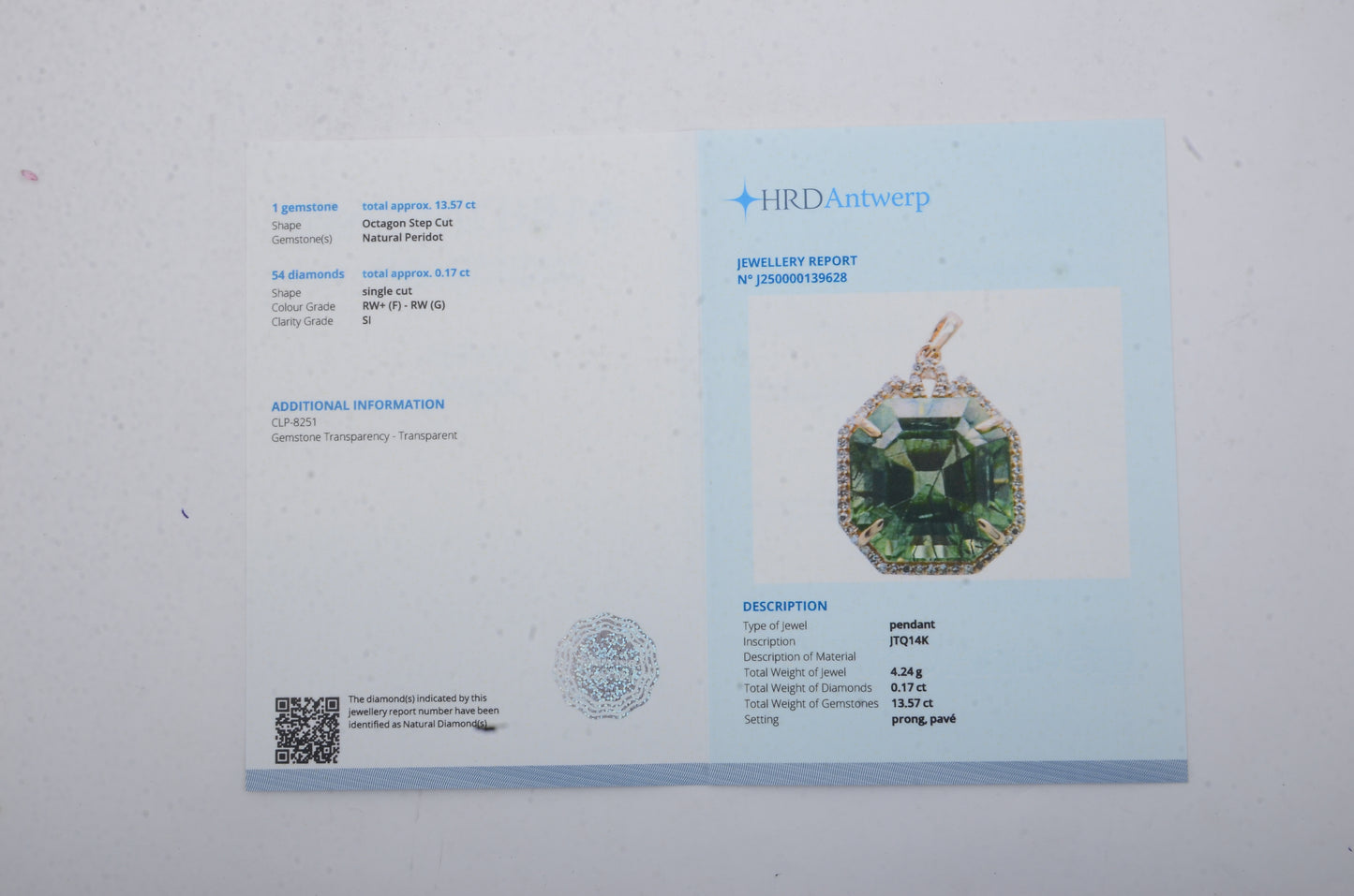 13.74 Ct Octagon Step Cut Natural Peridot 14K Gold Pendant