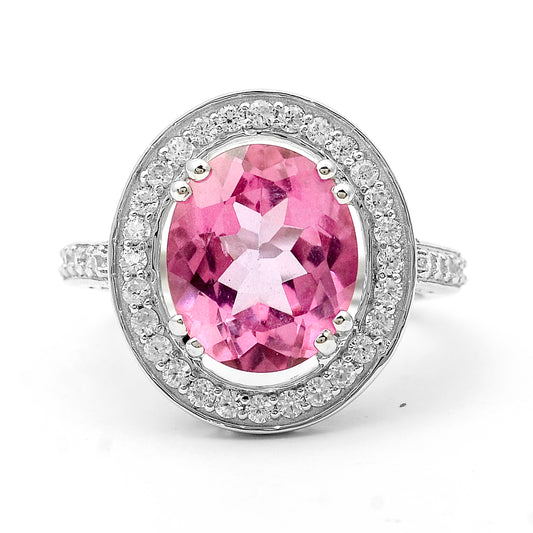 5.72 Ct Oval Pink Topaz, White Zircon 925 Sterling Silver Ring