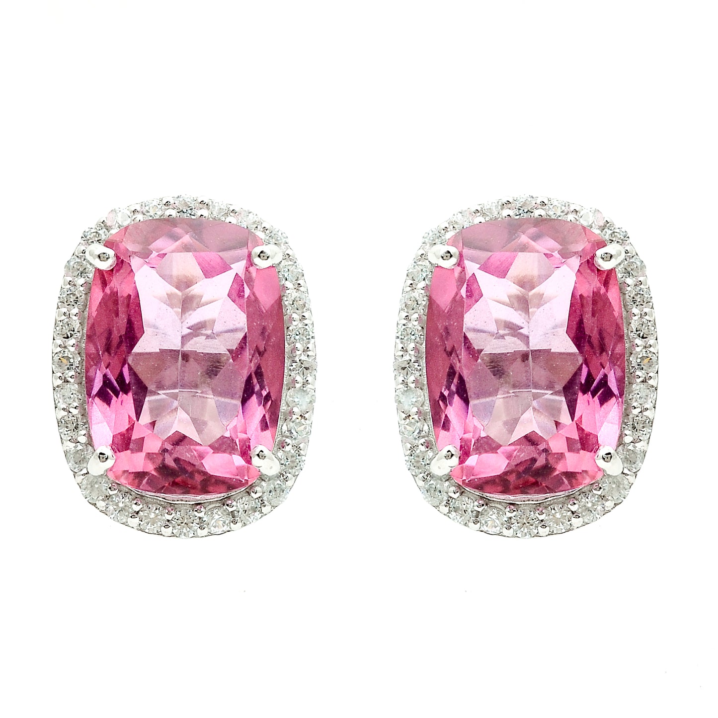 18.88 Ct Cushion Pink Topaz, White Zircon 925 Sterling Silver Earrings