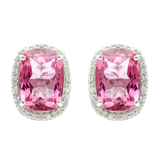 18.88 Ct Cushion Pink Topaz, White Zircon 925 Sterling Silver Earrings