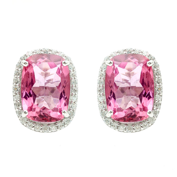 18.88 Ct Cushion Pink Topaz, White Zircon 925 Sterling Silver Earrings