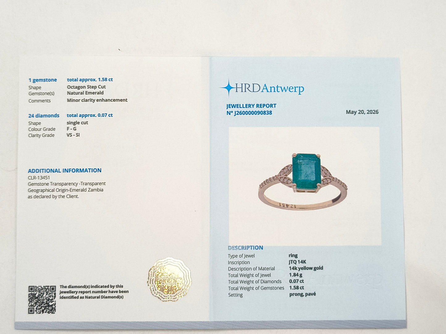 1.65 Ct Octagon Emerald 14K Gold Ring