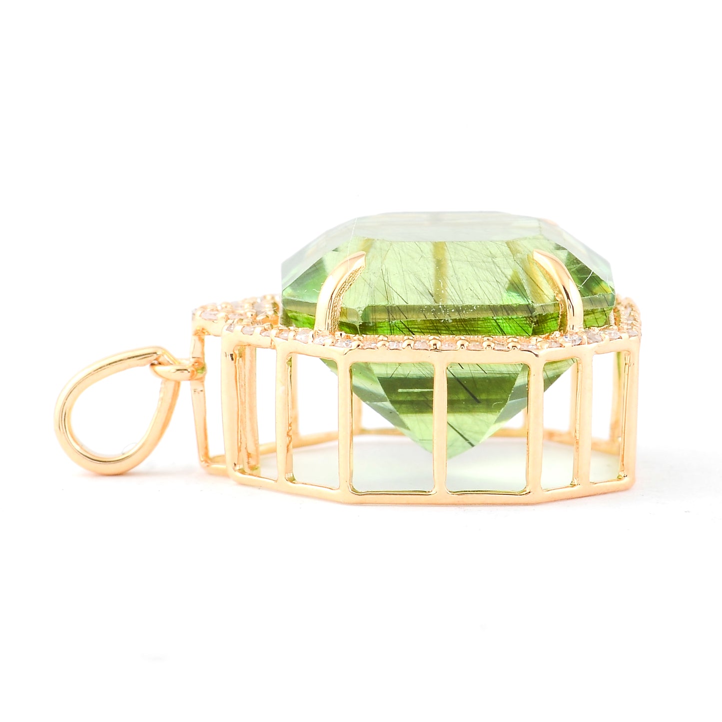 13.74 Ct Octagon Step Cut Natural Peridot 14K Gold Pendant