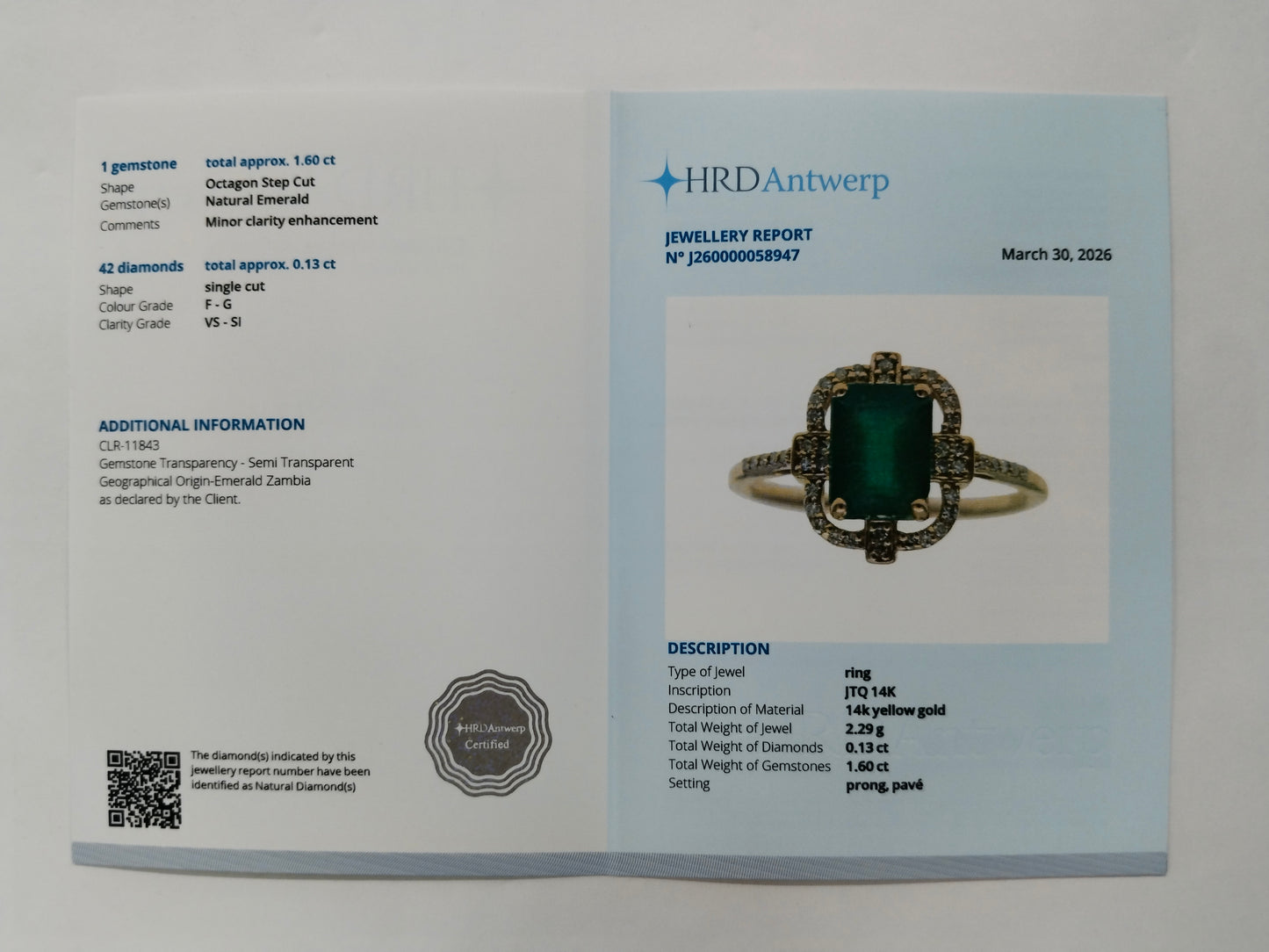 1.73 Ct Octagon Step Cut Natural Emerald 14K Gold Ring