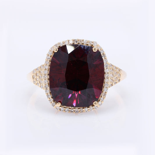 8.37 Ct Cushion Mixed Cut Natural Rhodolite 14K Gold Ring